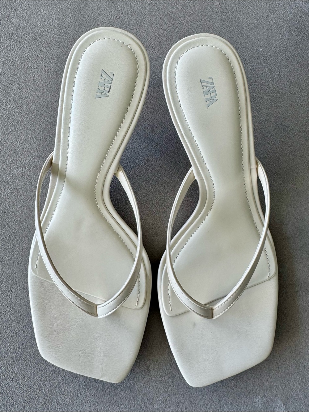 Zara Square Toe Cream Heels Thong Mules Sandals